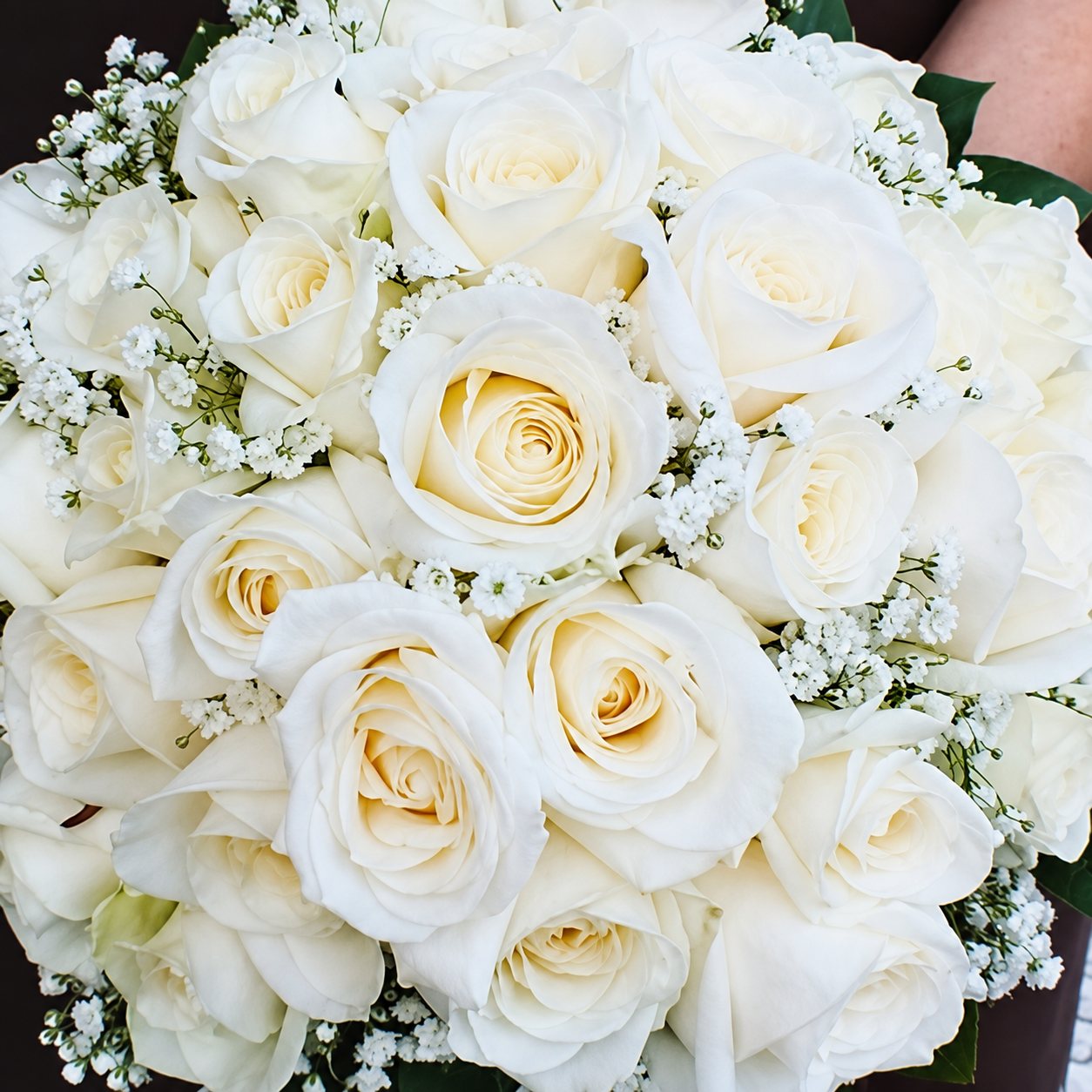 Gros plan sur un bouquet de mariée composé de roses blanches crème et de petites fleurs de gypsophile, tenu par une personne.