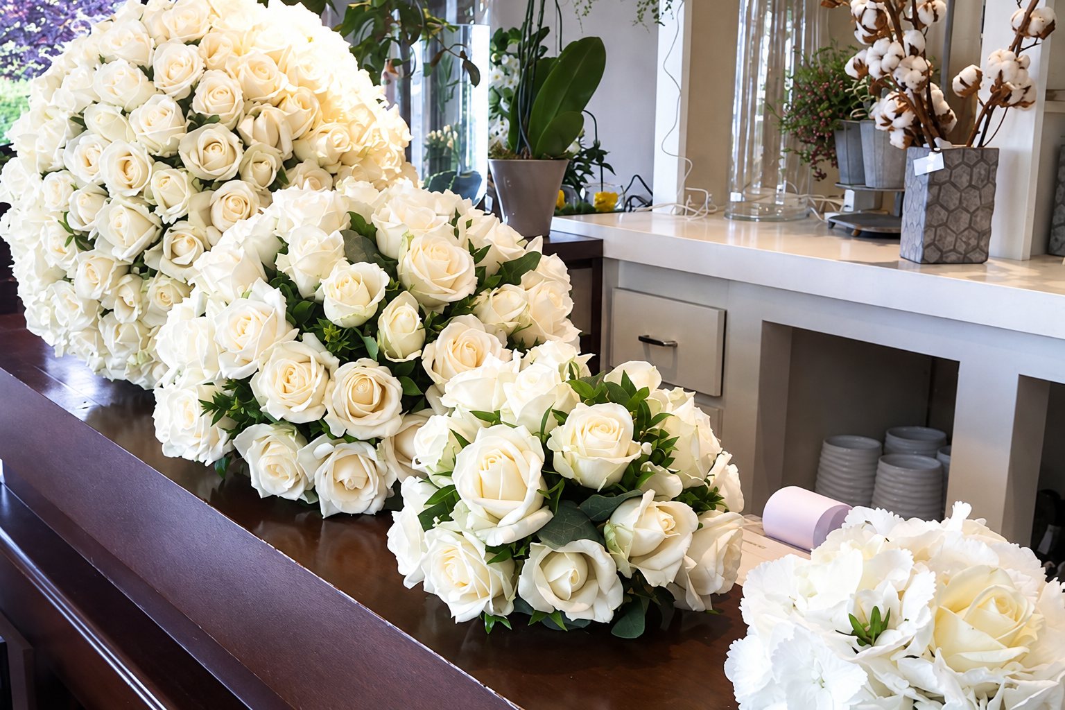 Plusieurs gros bouquets de roses blanches sont posés sur un comptoir en bois sombre dans une boutique de fleuriste, avec des branches de coton et des vases en arrière-plan.