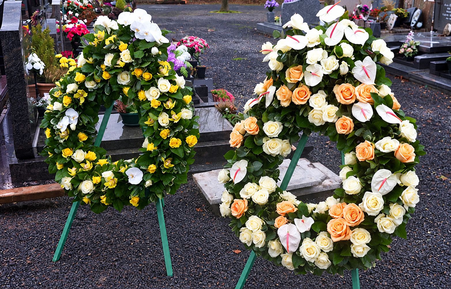 Deux couronnes funéraires de roses jaunes, orange et blanches et d'anthuriums blancs sur des supports verts, devant des tombes au cimetière.