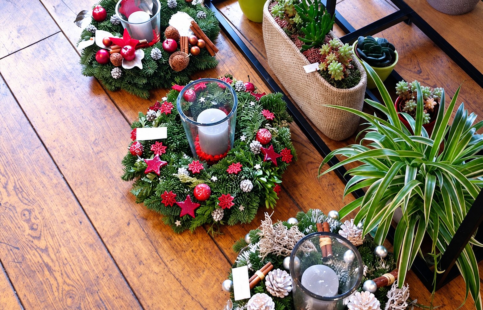 Plusieurs couronnes de Noël décorées de boules rouges, de pommes de pin et de bougies posées sur un parquet en bois, à côté de plantes succulentes et d'un chlorophytum.